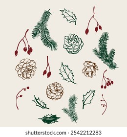 Vector Christmas floral set of berries, pine cones, leaves and holly. Hand-drawn vintage collection isolated on beige background. Illustration for design, print, fabric or background.
