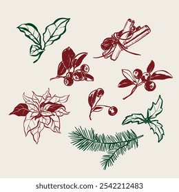 Vector Christmas floral set of berries, pine needles, leaves and holly. Hand-drawn vintage collection isolated on beige background. Illustration for design, print, fabric or background.