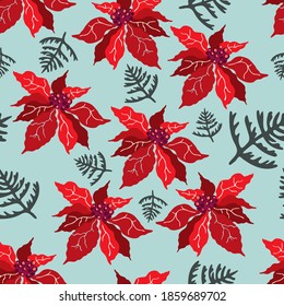Vector Christmas flowers seamless pattern. Blooming red poinsettia on a trendy gentle background design for printing on textiles, packaging, paper, wallpaper.