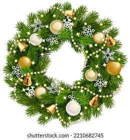 Vector Christmas Fluffy Fir Wreath with Golden Decorations isolated on white background