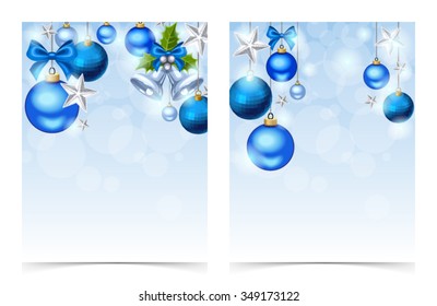 Vector Christmas flyers with blue and silver balls, bells, stars and sparkles.