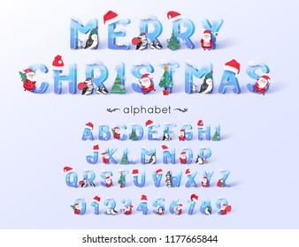 Vector Christmas  font and alphabet. 3d ice letters decorated with new year symbols Santa Claus, tree, hats. 