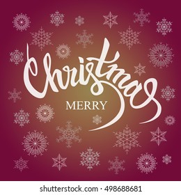 Vector Christmas Font composition. Handwritten decorative white inscription "Christmas" on vintage background with snowflakes.