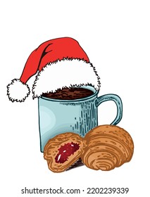 Vector christmas food element,croissants and mug in Santa Claus hat,Christmas element for decoration