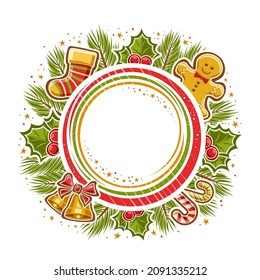 Vector Christmas Frame with copy space, round xmas template with illustration of christmas symbols, seasonal plants and colorful decorative stripes for christmas shopping offer on white background