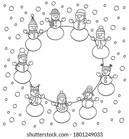 Vector Christmas Frame With Cute Snowmen In Winter Hats, Coloring Page For Children And Adults