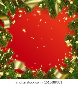 Vector christmas Frame of fir tree branches and Falling Golden Confetti. Red background. Design of empty center with copy space. Party backdrop. Holiday elements for web banner, poster or invitation.