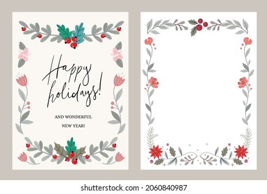 Marco vectorial de Navidad con ramas de flores y lugar para el texto.