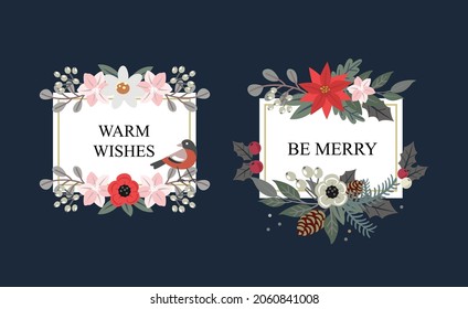 Marco vectorial de Navidad con ramas de flores y lugar para el texto.