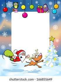 vector christmas frame with funny santa claus reindeer, xmas ball and gift