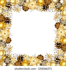 Vector Christmas frame with gold and silver balls, cones and poinsettia flowers.