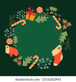 Vector Christmas frame for invitation or congrats. Winter holiday wreath of decorations elements on a dark background. Greeting card template with traditional sweets and gifts. 