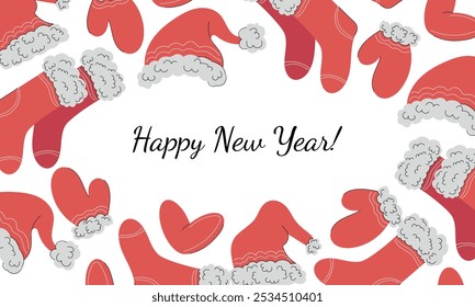 Vector Christmas frame made of red Santa hat, mittens, gloves and socks. Merry Christmas and Happy New Year greeting card. Warm knitted winter clothes, web banner design, print, holiday