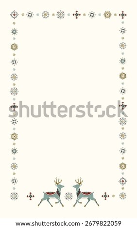 Vector Christmas frame with Nordic folk deer and geometric snowflake border. Scandinavian festive style with cozy winter motifs and copy space for holiday greeting, invitation or seasonal message