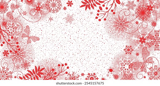 Vector Christmas  frame with red monochrome doodle snowflakes, butterflies and berries on a transparent background