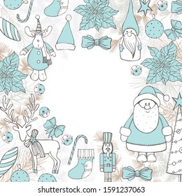Vector Christmas frame with Santa Claus and deer. Sketch  illustration.