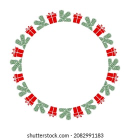 vector christmas frame with spruce twigs and gifts on white background