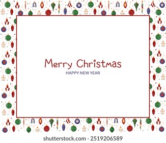 Plantilla de marco de Navidad de Vector con espacio de copia. Marco de Navidad con pino, bolas de Navidad, estrellas. Borde rectangular festivo con lugar para texto. Ilustración vectorial de dibujos animados aislados en blanco.