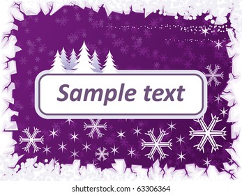 Vector Christmas frame for text with purple Background and snow ice border