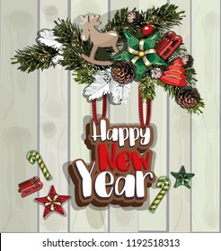 Vector Christmas frame with Christmas tree branches, New Year's toys on a wooden background and New Year's sign.