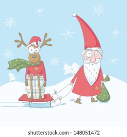 Vector Christmas funny illustration of Santa Claus with reindeer. EPS 10. No transparency. No gradients.