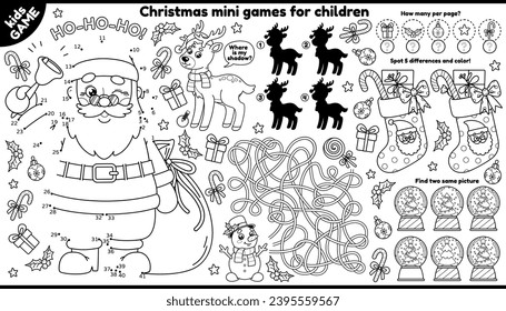 Vector Christmas games placement for children. Outline set holiday Santa, New Year stockings, Xmas decorations. Winter kids Coloring. Labyrinth, connect the dots, find differences, find correct shadow