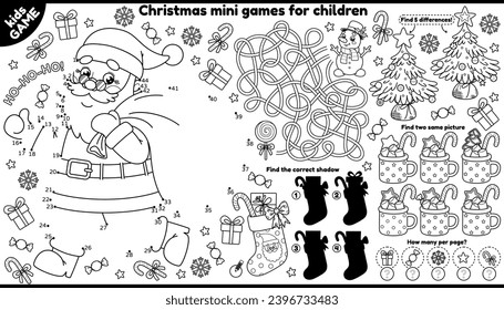 Juegos vectoriales de Navidad para niños. Esbozo con Santa corriendo con una bolsa de regalos, árbol de Navidad, calcetín de Año Nuevo. Colores. Funda de actividad infantil. Maze, conecta los puntos, encuentra las diferencias.