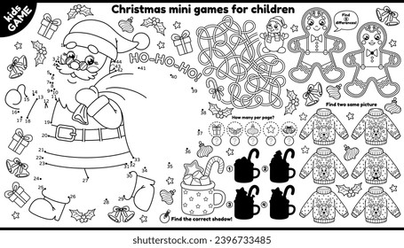 Vector Christmas games placement for children. Outline set with Santa running with bag of gift, gingerbread man, Xmas sweaters. Coloring. Kids activity mat. Maze, connect the dots, find differences.