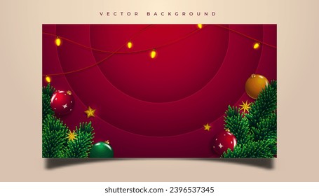 Vector Christmas garland and gold stars background. High quality decoration red abstract background