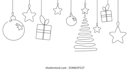 Guirnalda de Navidad de Vector en estilo de arte de línea. Boceto festivo. Caja de regalo, bolas, árbol, campana aislada sobre fondo blanco. Línea continua de dibujo de juguetes de Navidad