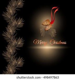 Vector Christmas  garland with  pine branches and cones. Golden branch isolated on a black background. Pinecone Xmas vintage card.