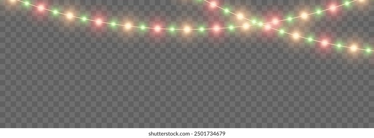 Vector Christmas garland png. Christmas light png. Festive decorations, garland with colorful lights, led lamp.