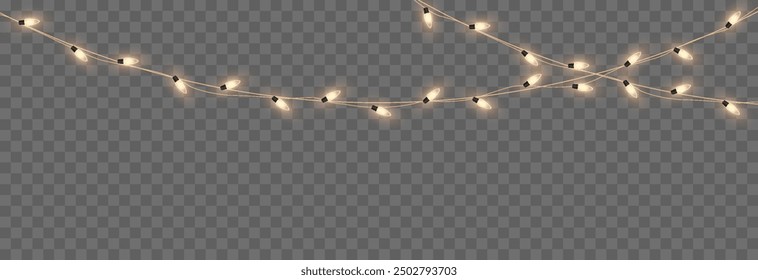 Vector Christmas garland png. Christmas light png. Holiday decoration, garland with golden lights, LED lamp.