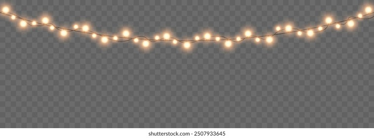 Vector Christmas garland png. Christmas light png. Holiday decoration, garland with golden lights, LED lamp.