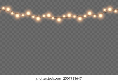 Vector Christmas garland png. Christmas light png. Holiday decoration, garland with golden lights, LED lamp.