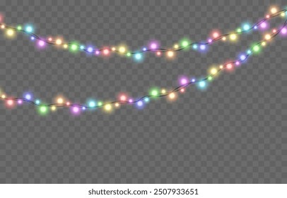 Vector Christmas garland png. Christmas light png. Festive decorations, garland with colorful lights, led lamp.