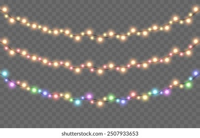 Vektor Weihnachtsgirlande png. Weihnachtsbeleuchtung png. Feriendekoration, Girlande mit goldenen Lichtern, LED-Lampe.