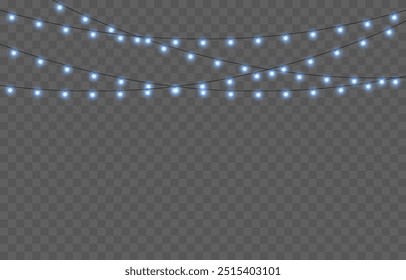 Vector Christmas garland png. Christmas light png. Holiday decoration, garland with blue lights, LED lamp.