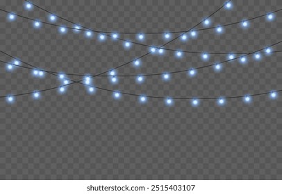 Vector Christmas garland png. Christmas light png. Holiday decoration, garland with blue lights, LED lamp.