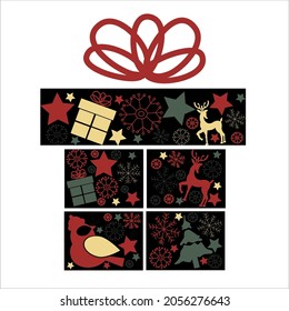 Vector christmas gift box with new year icons of deer, stars, fir, snowflakes for logo, christmas decor, greeting card