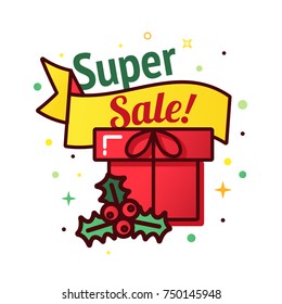 Vector christmas gift box with sale tag. Cute illustration of gift box present, greeting, surprise.