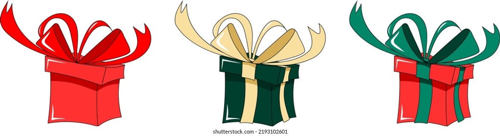 Vector Christmas gift boxes. Christmas bright gifts. Green, red boxes with large bright holiday bows