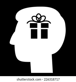 Vector christmas gift in brain icon | white flat design pictogram isolated on black background