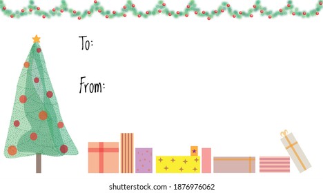 Vector christmas gift card with a christmas tree and gift boxes.
