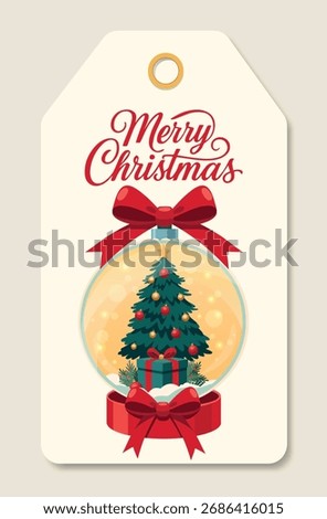 Vector Christmas gift tag or price tag featuring a Christmas tree inside a glass globe with a red ribbon, presents, and candy. Festive label for winter gift wrapping, cards, merchandise, and souvenirs