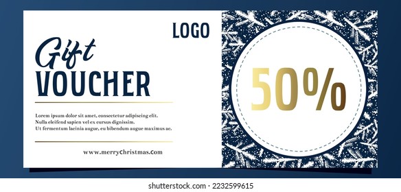 Vector Christmas gift voucher template. Discount gift certificate in blue with gold gradient with spruce branches pattern. Promotion flyer for stores and offices. 