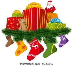 Vektor-Weihnachtsgeschenke mit Socken- und Weihnachtsbaumdekorationen
