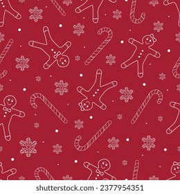 Vector Christmas Ginger Bread Cookies Candy Canes and Snow Flakes Seamless Pattern Christmas sweets and decorations texture Can be used as card background or banner design template