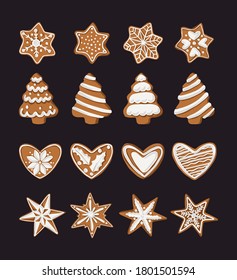 Vector Christmas gingerbread cookies set on black background. Isolated holidays food. 