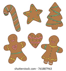 Vector Christmas gingerbread cookies set. Hand drawn isolated decoration